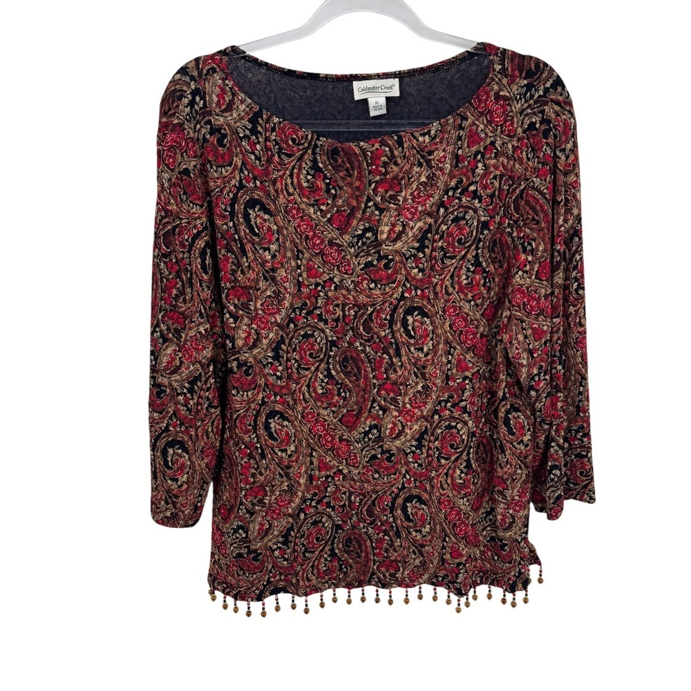 Vintage Coldwater Creek Long Sleeve Top Womens XL Red Paisley Beaded‎ Fairy